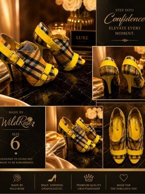 Wild Rose Yellow Plaid Peep-Toe High Heels